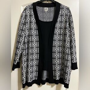 Anne Klein Black White Geometric Pattern Built In Tank Long Cardigan Sweater XL
